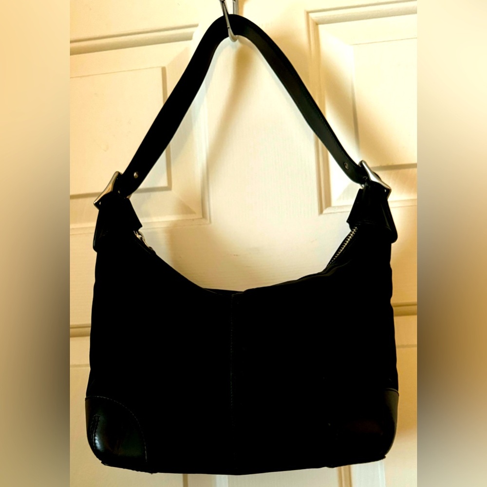 Coach Black Medium Size Nylon Handbag with Leather Corners.